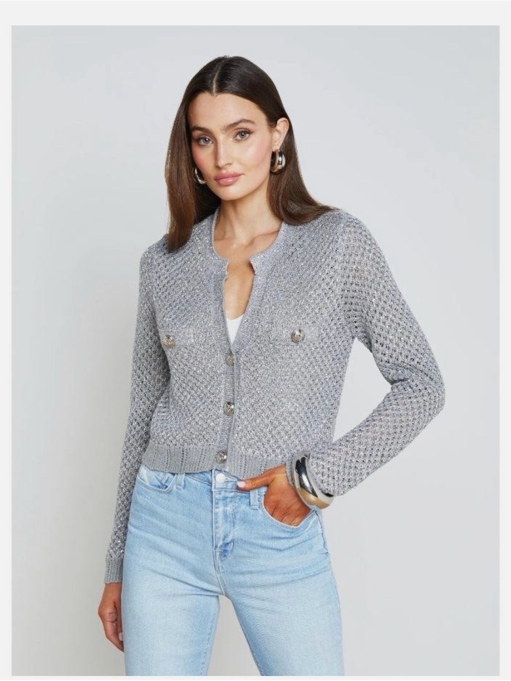 L'AGENCE Gray Textured Knit Button-Front Cardigan
